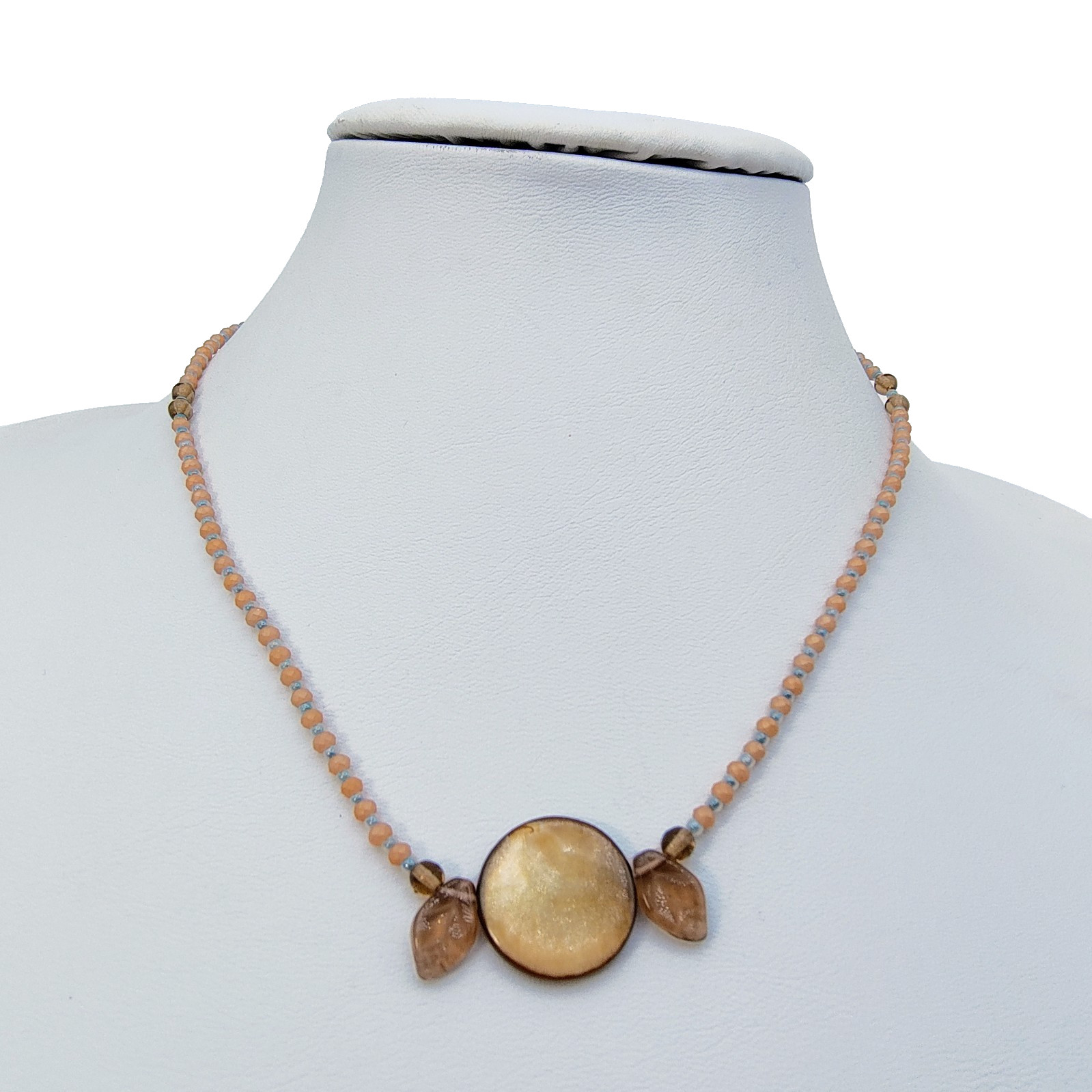 Vintage Artisan Art Glass Leaves & Disc Peach Beaded Necklace Romantic Boho