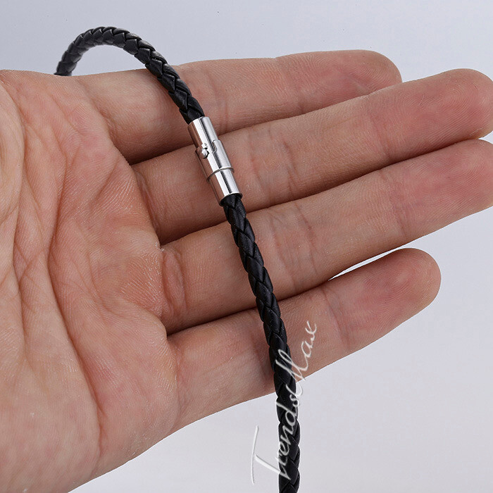 4/6/8MM Mens Black Braided Cord Rope Leather Necklace Choker w/ Magnetic Clasp