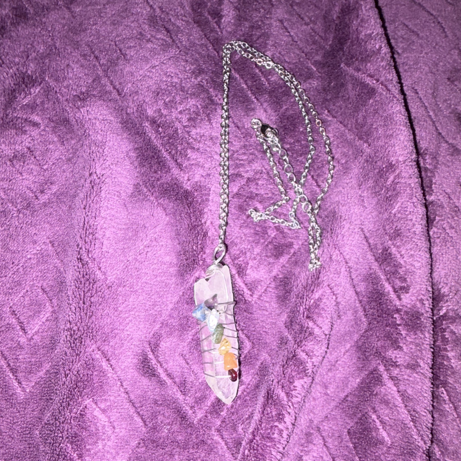 Wire Wrapped Clear Quartz Crystal Amulet Pendant Silver Tone Cable Chain