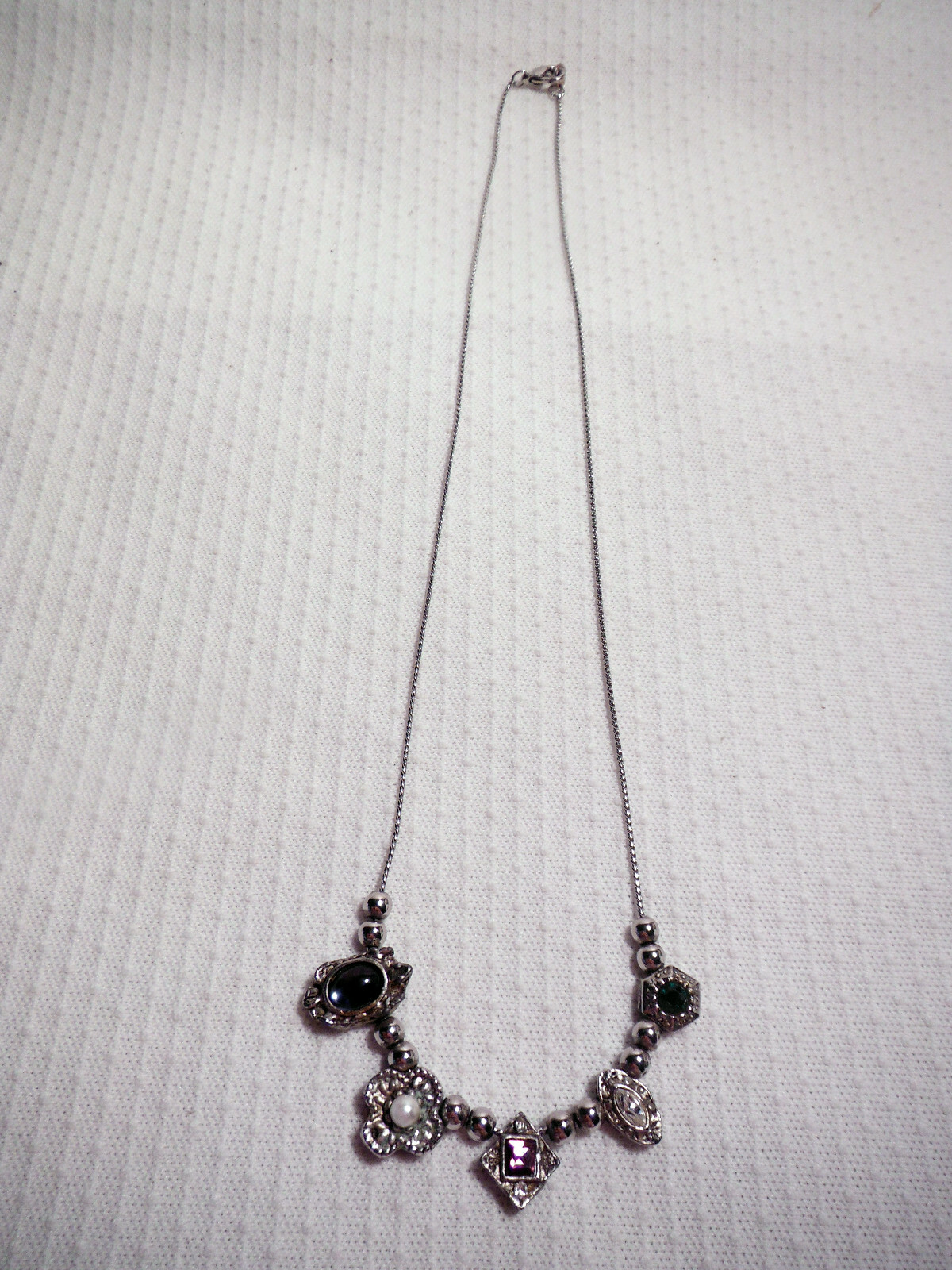SILVER COLOR NECKLACE ~ VARIOUS COLORED STONES IN DIFFERENT SHAPES.