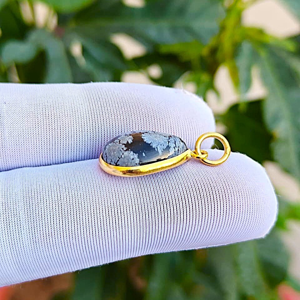 Snowflake Obsidian Gemstone Handmade Pendant Charm, Sterling Silver Gold Plated