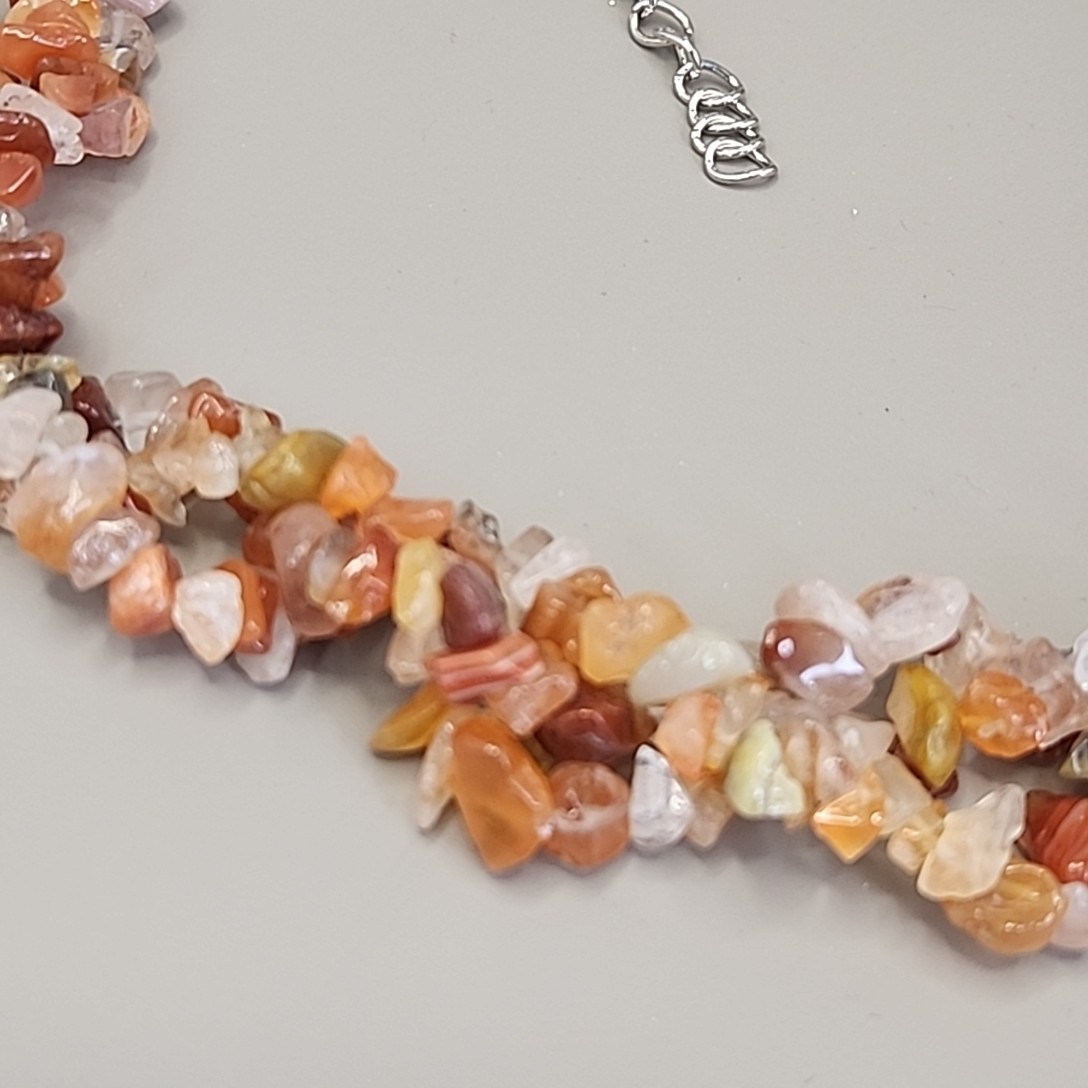 Carnelian Agate Necklace Chip Beaded Triple Layered Statement Orange JTV 22″