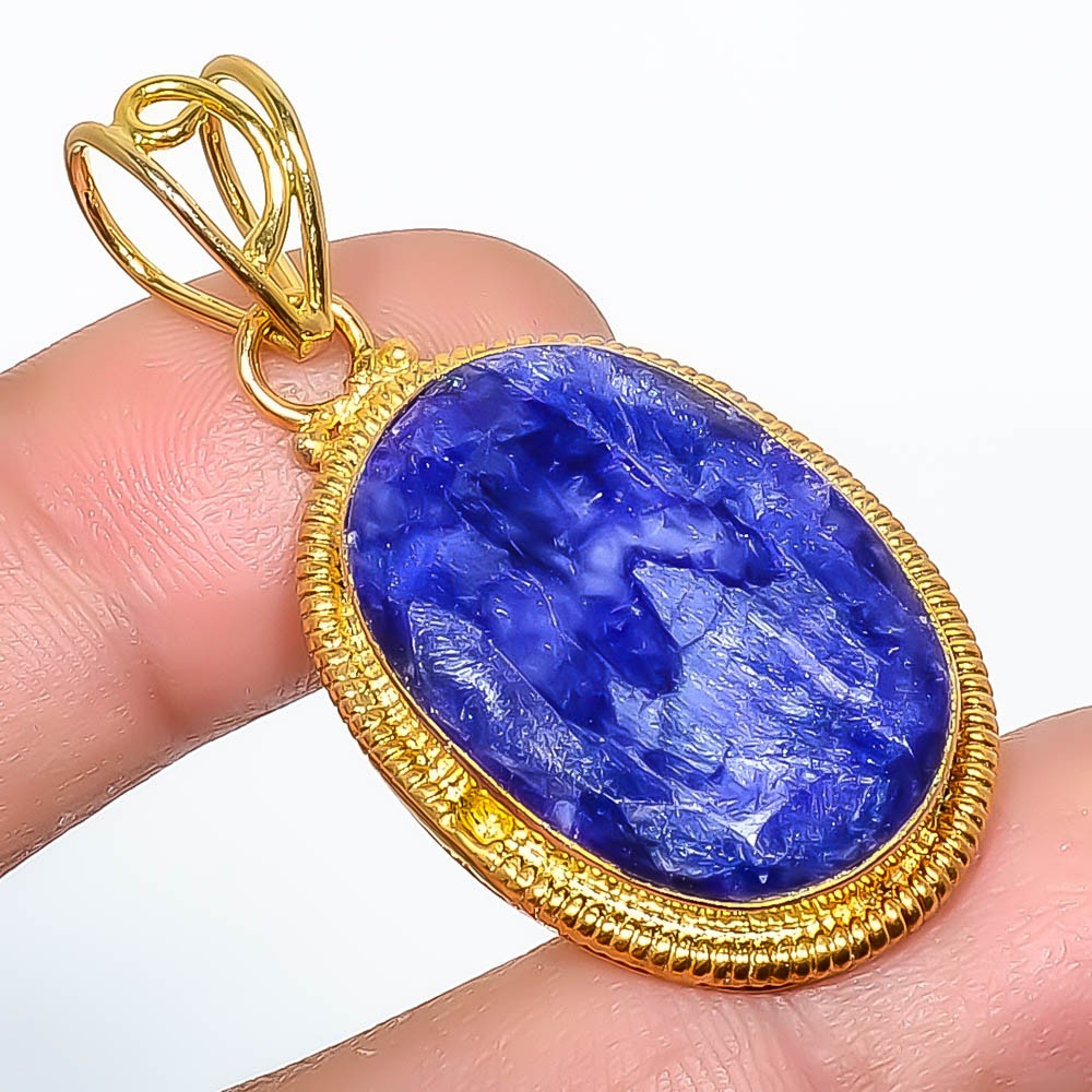 Blue Sapphire (Lab-Created) Gemstone 925 Silver Gold Plated Pendant 1.76″ P72-87