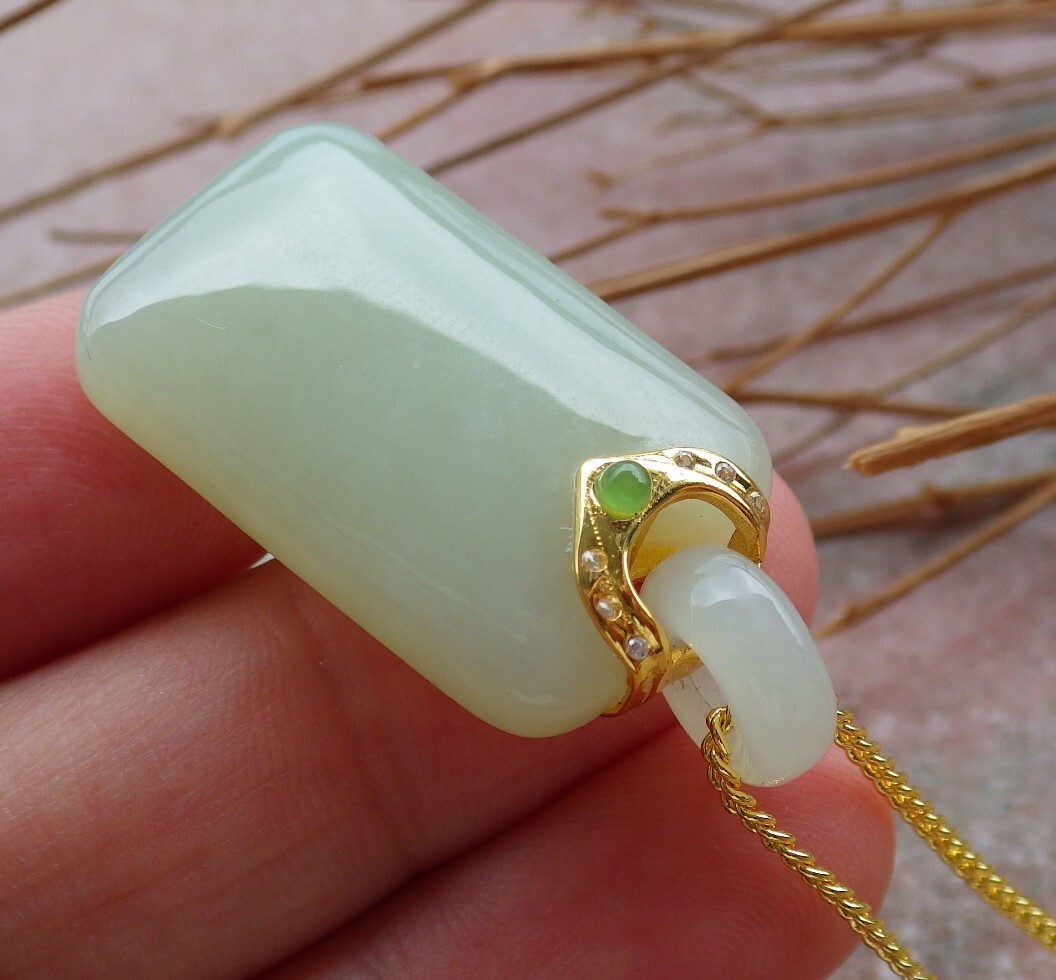 Certified Silver 925 Hetian Nephrite JADE pendant Rectangle Circle 580592 AS