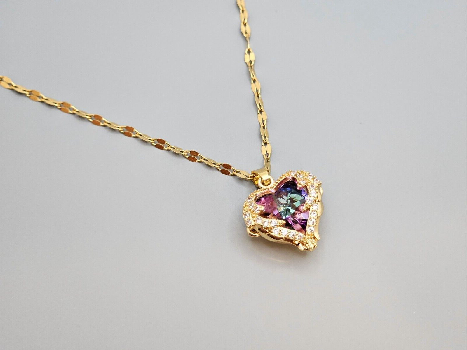 18K Gold Plated Stainless Steel Colorful Heart Crystal For women Girls