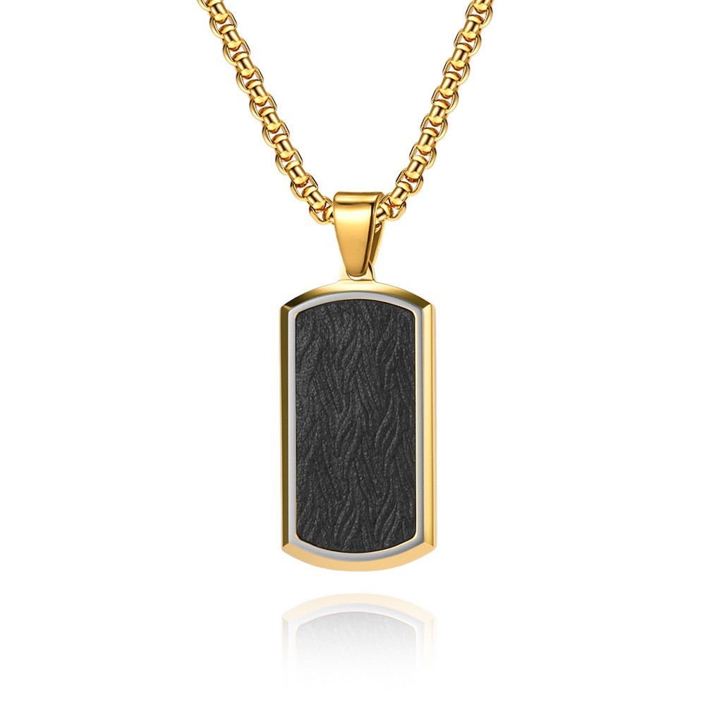 Dog Tag Pendant Necklace Men Beveled Leather Texture Stainless Steel Chain Gift