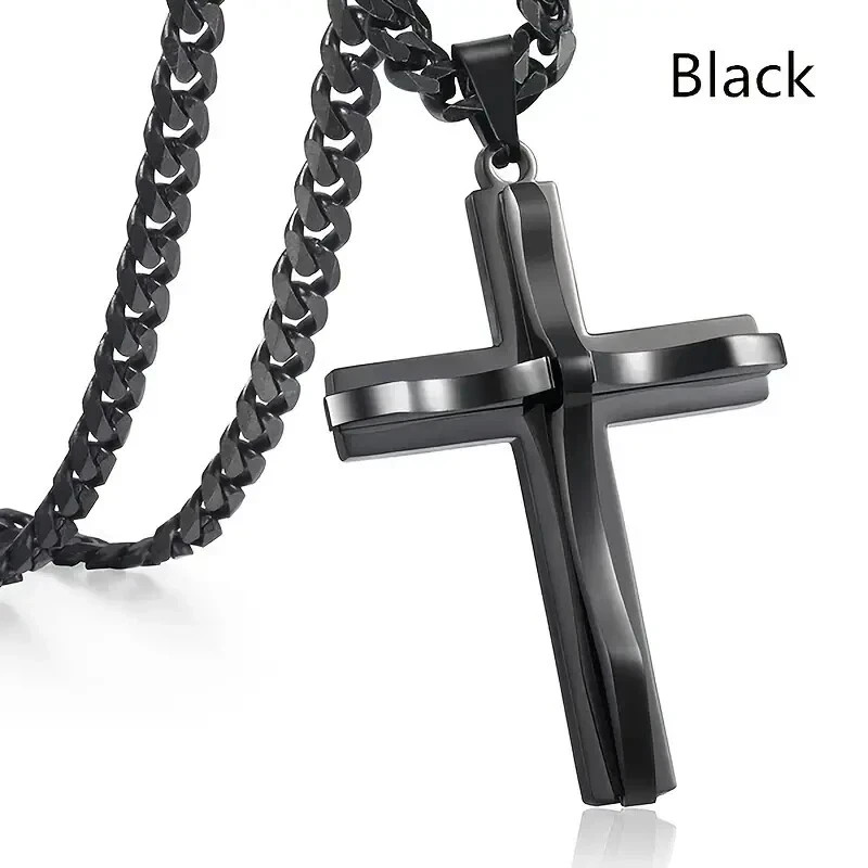 Stainless Steel Black Double Cross Men Necklaces Pendants Chain, Great Gift