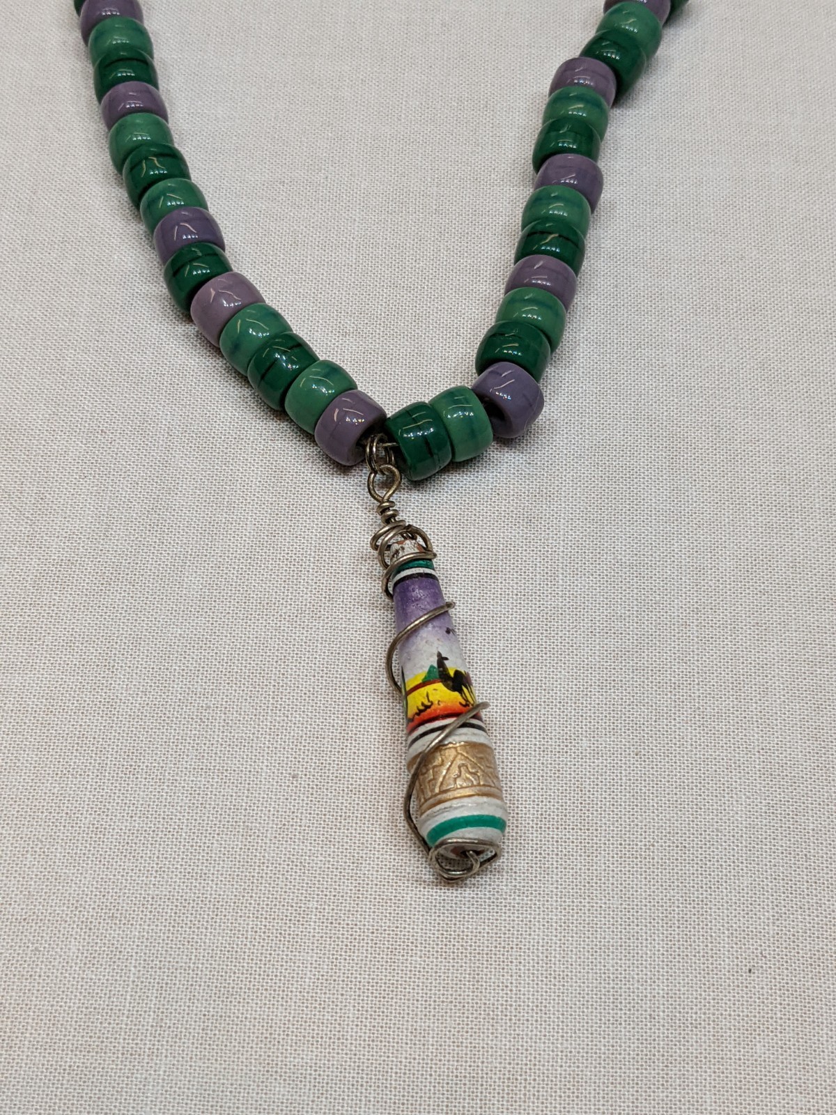 Handmade Glass Bead Tribal Necklace Aztec Ethnic Boho Pendant Long ~30″