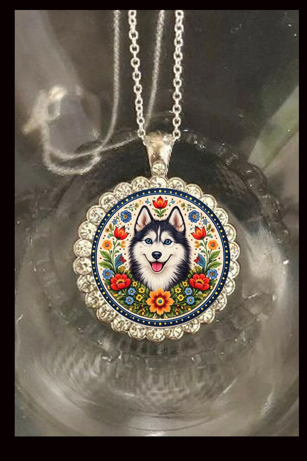 Siberian Husky folk art 925 Silver Necklace Great Gift Gift Box Rhinestones