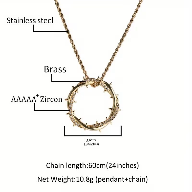 Gold Jesus Crown of Thorns Pendant Necklace Christian Faith Cross Chain Charm