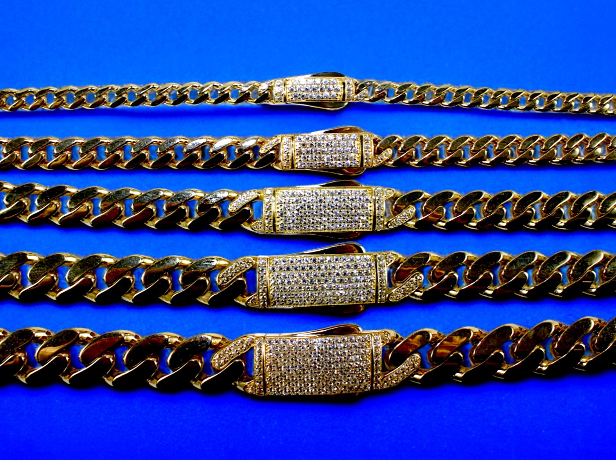 14K Yellow Gold Monaco Miami Cuban Link Chain Necklace CZ Pave 6mm-13mm 16″-30″