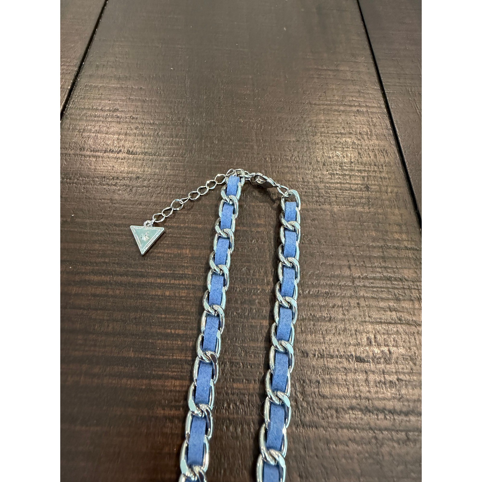 GUESS Silver Blue Woven Chain Lariat Tassel Necklace Long Adjustable Boho Chic