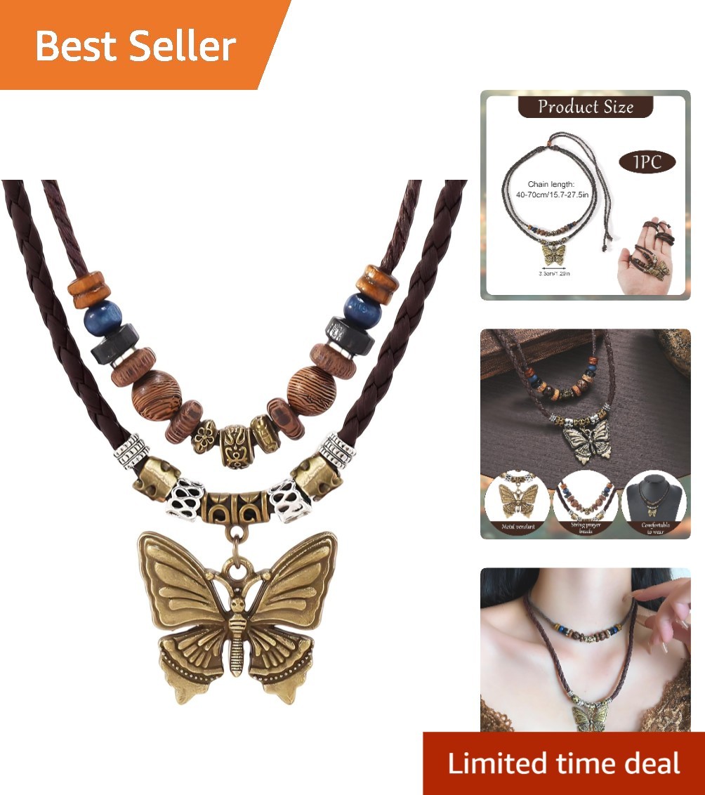 Bohemian Butterfly Pendant Necklace: Adjustable Wooden Beads & Braided Choker