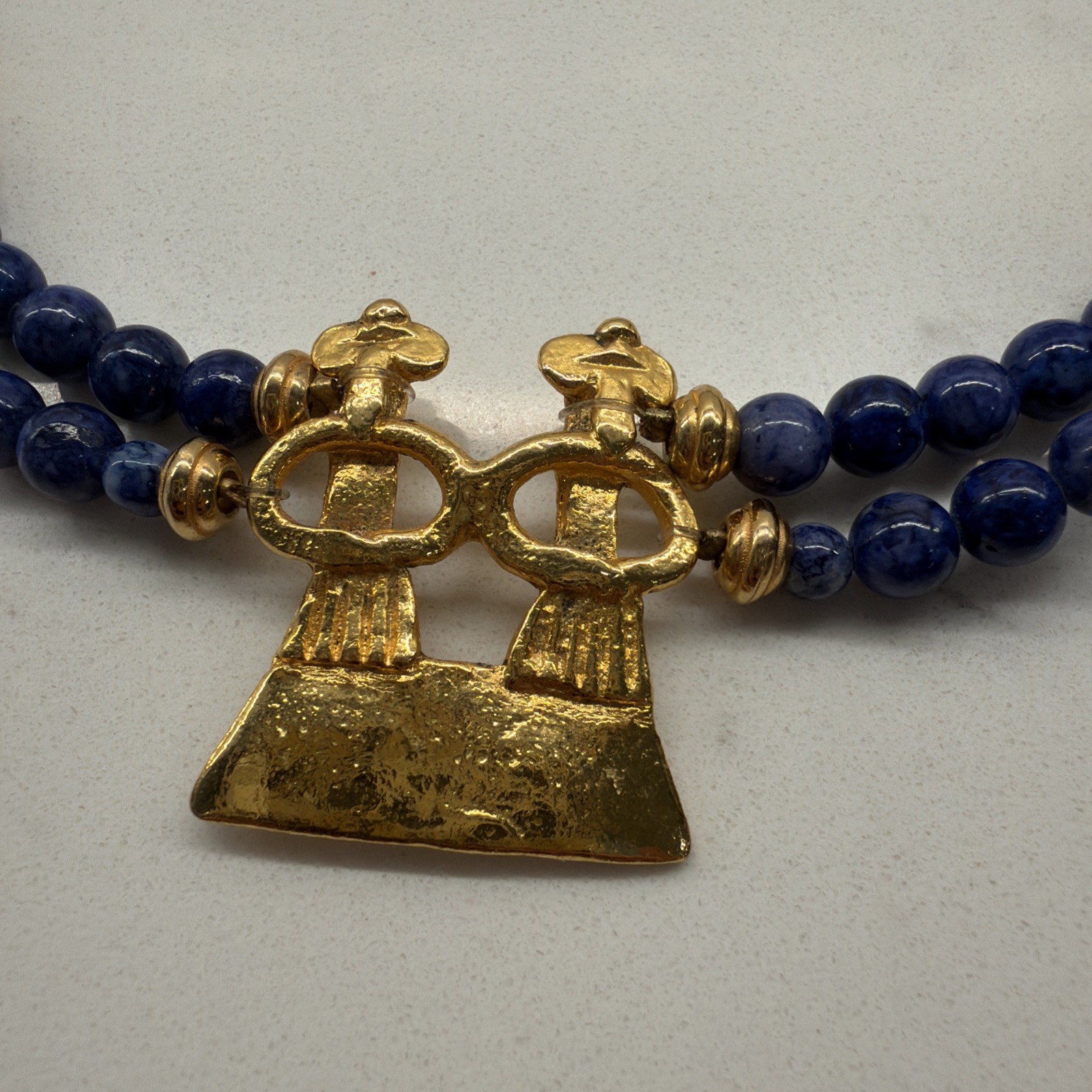 Lapis Lazuli Blue Beaded Necklace w/ Gold Tone Accents & Hook Clasp