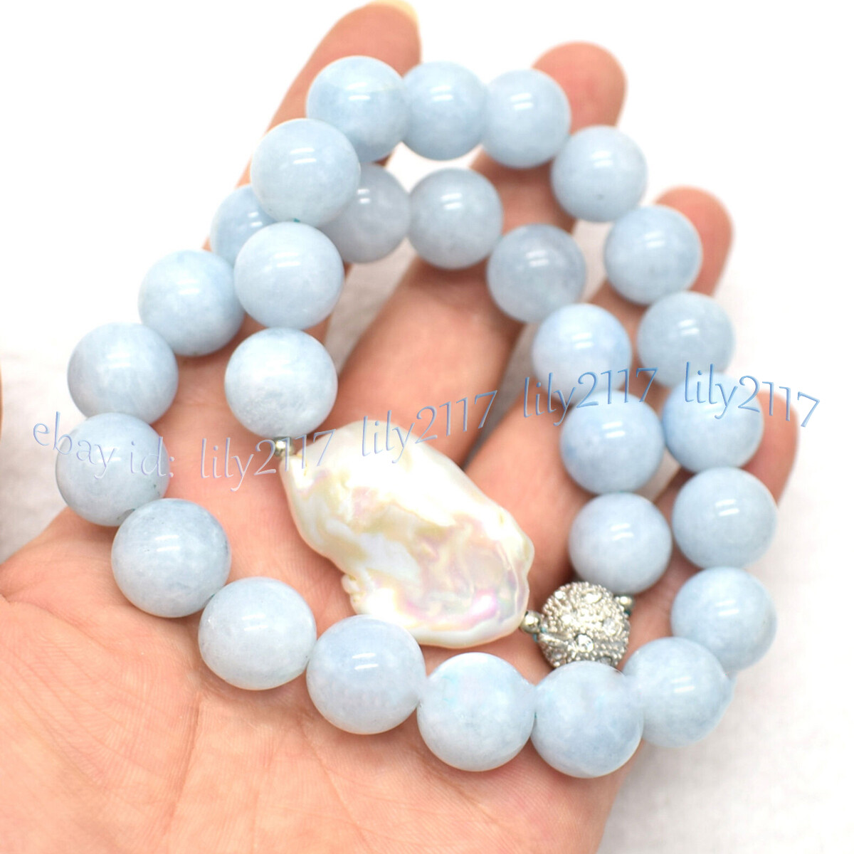 Natural Blue Aquamarine Round Gemstone White Keshi Baroque Pearl Necklace 6-14mm