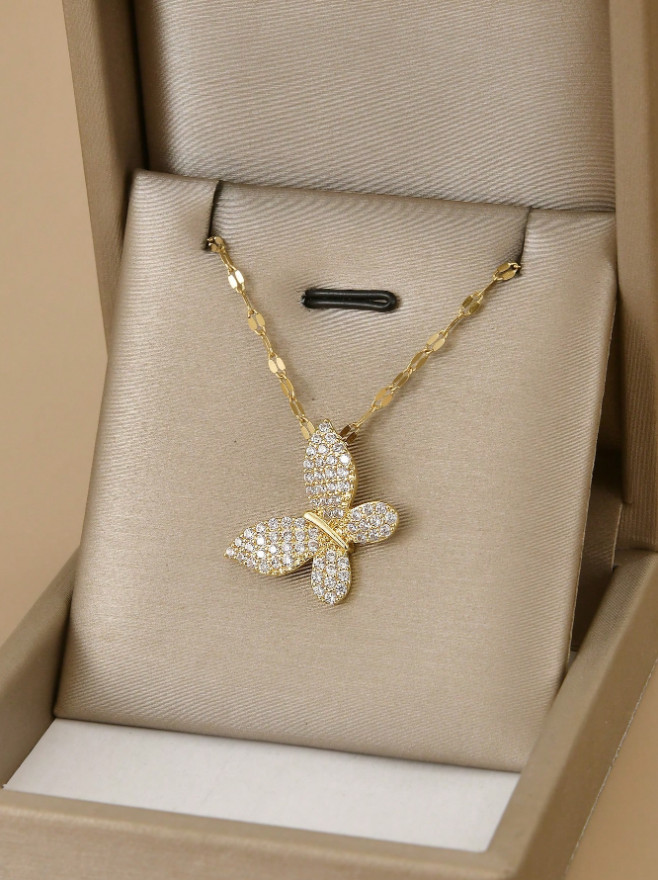 Women’s Fashion Jewelry Cubic Zircon Gold Color Butterfly Pendant Necklace Gift