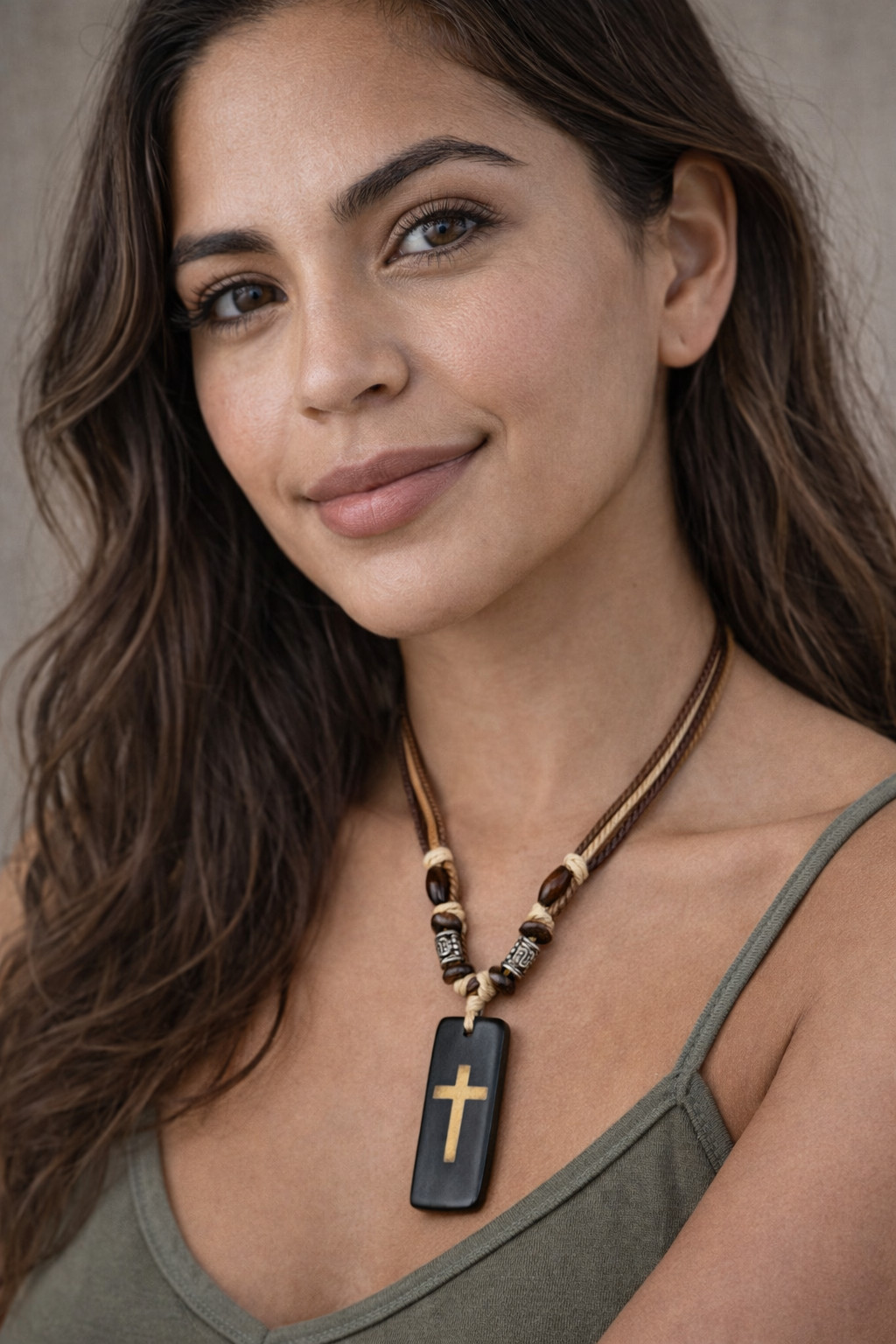 Boho Brown Cross Necklace Resin Pendant 1.75” | Multi Strand Earthy Cord