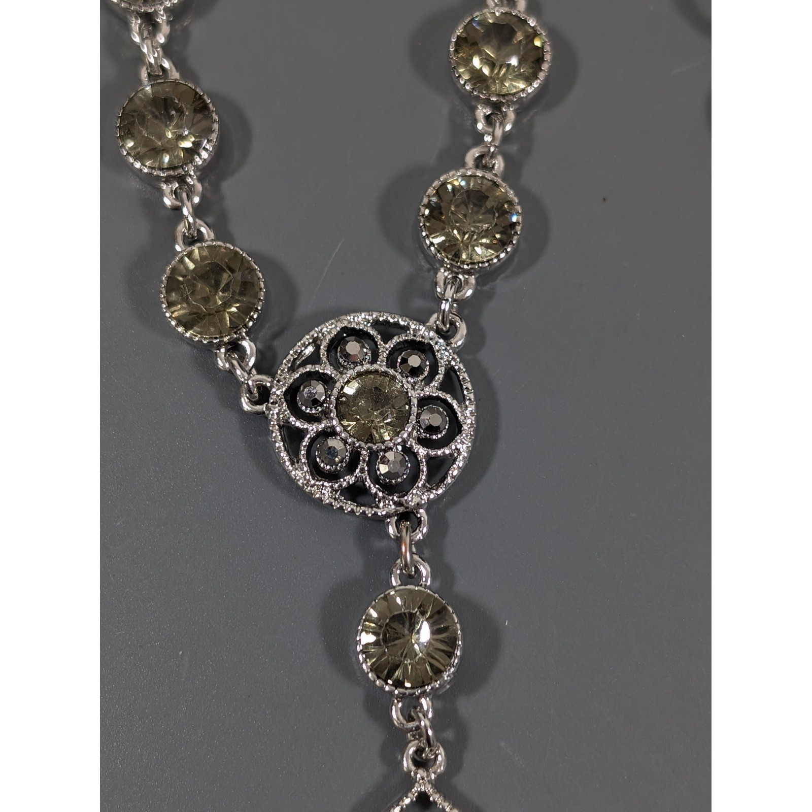 Roman Smokey Gray Pendant Necklace Silver Tone Long Rhinestone Boho 32 in