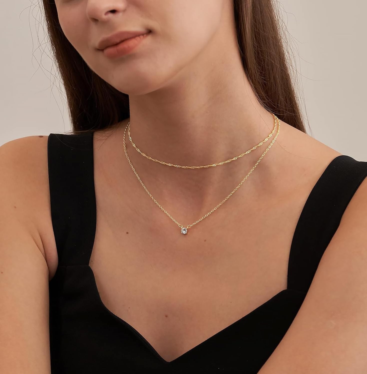 Stunning Dainty Layered Chain 14k Gold Plated CZ Necklace for Special Occasions