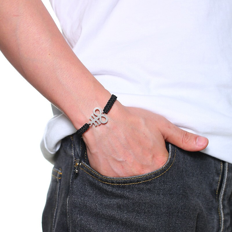 Braided Rope Men Bracelet Cuff Satanic Sigil of Lucifer Inverted Crucifix Cross