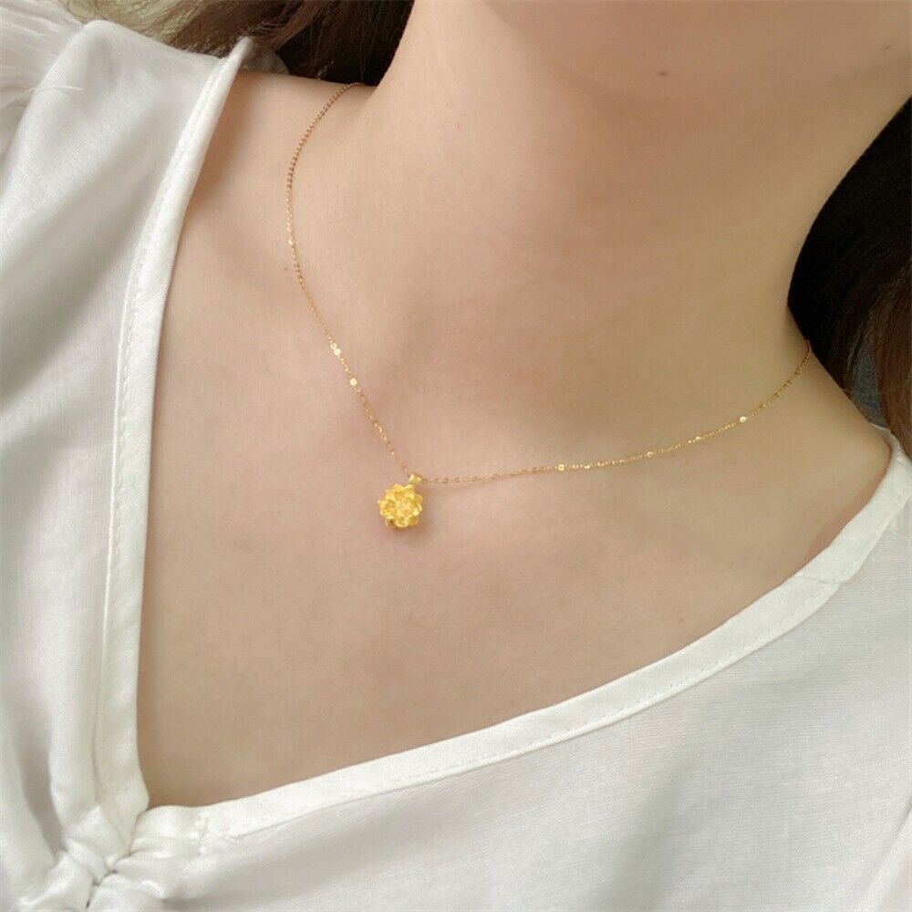 Real 24K Yellow Gold 3D Lotus Flower Pendant 18K Yellow Gold O Chain Necklace