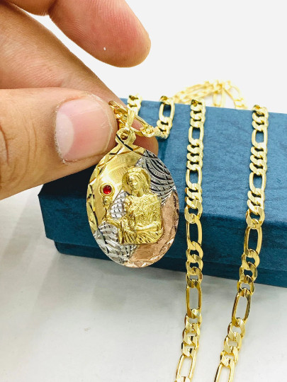 Gold Filled Virgen Maria Pendant/Medallion Necklace Virgin Mary 24″ Figaro Chain
