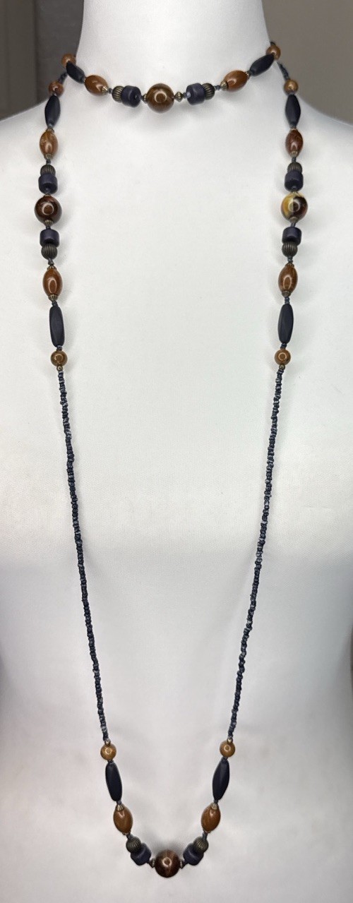 Vintage Layered Bead Necklace Brown Blue Acrylic Resin Double Strand Boho