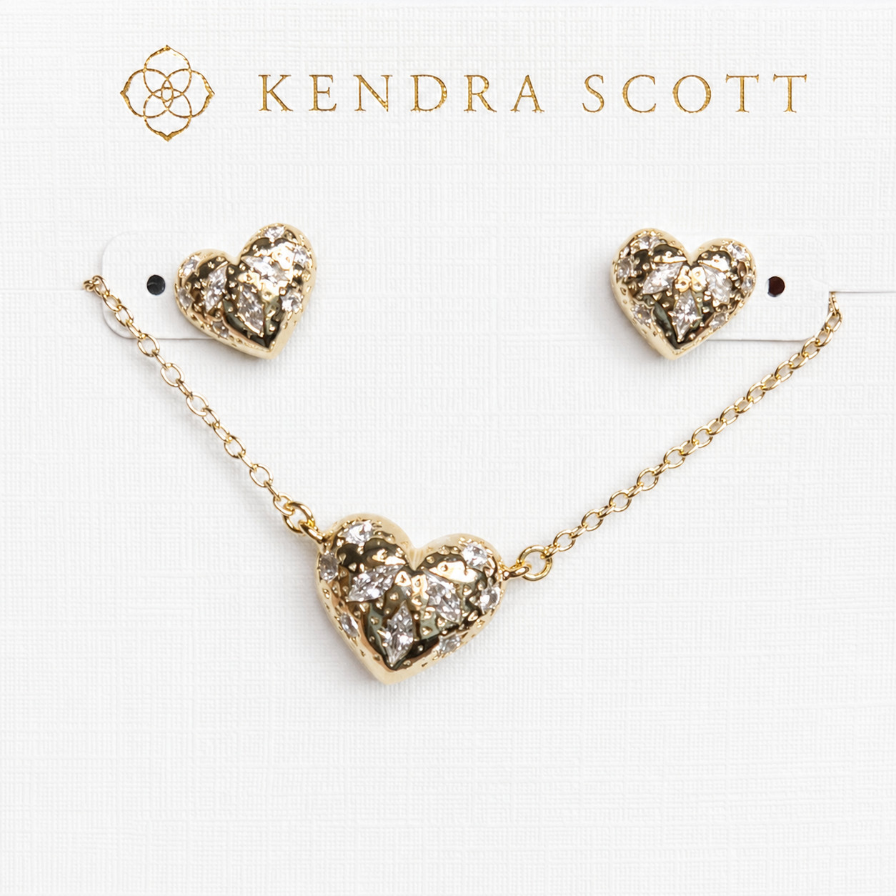 Kendra Scott Heart Pendant White Crystal 14K Gold Earrings and Necklace NEW SET