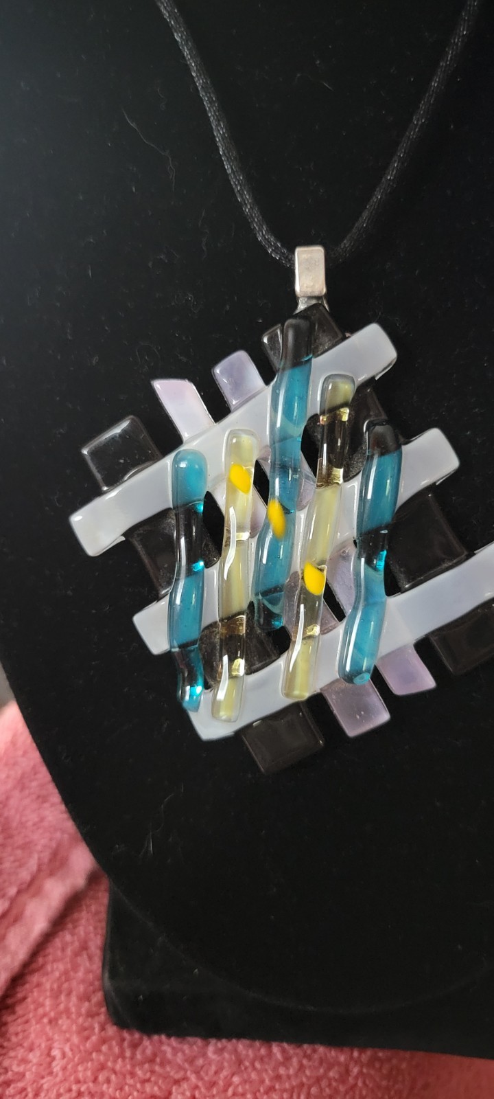 Multicolor Fused Glass Square Pendant Necklace, Black Cord, Extender Unique