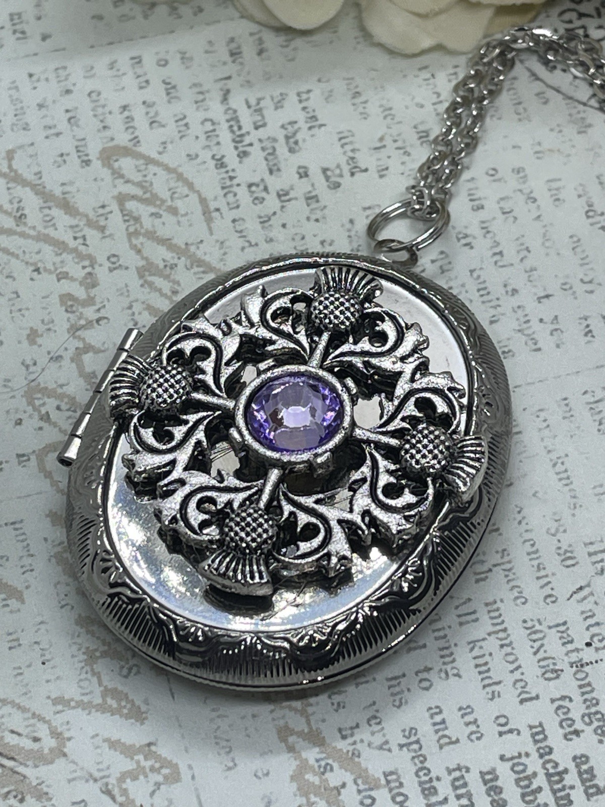 Silver Purple SCOTTISH THISTLE Scotland LOCKET NECKLACE CAMEO PHOTO CELTIC gift