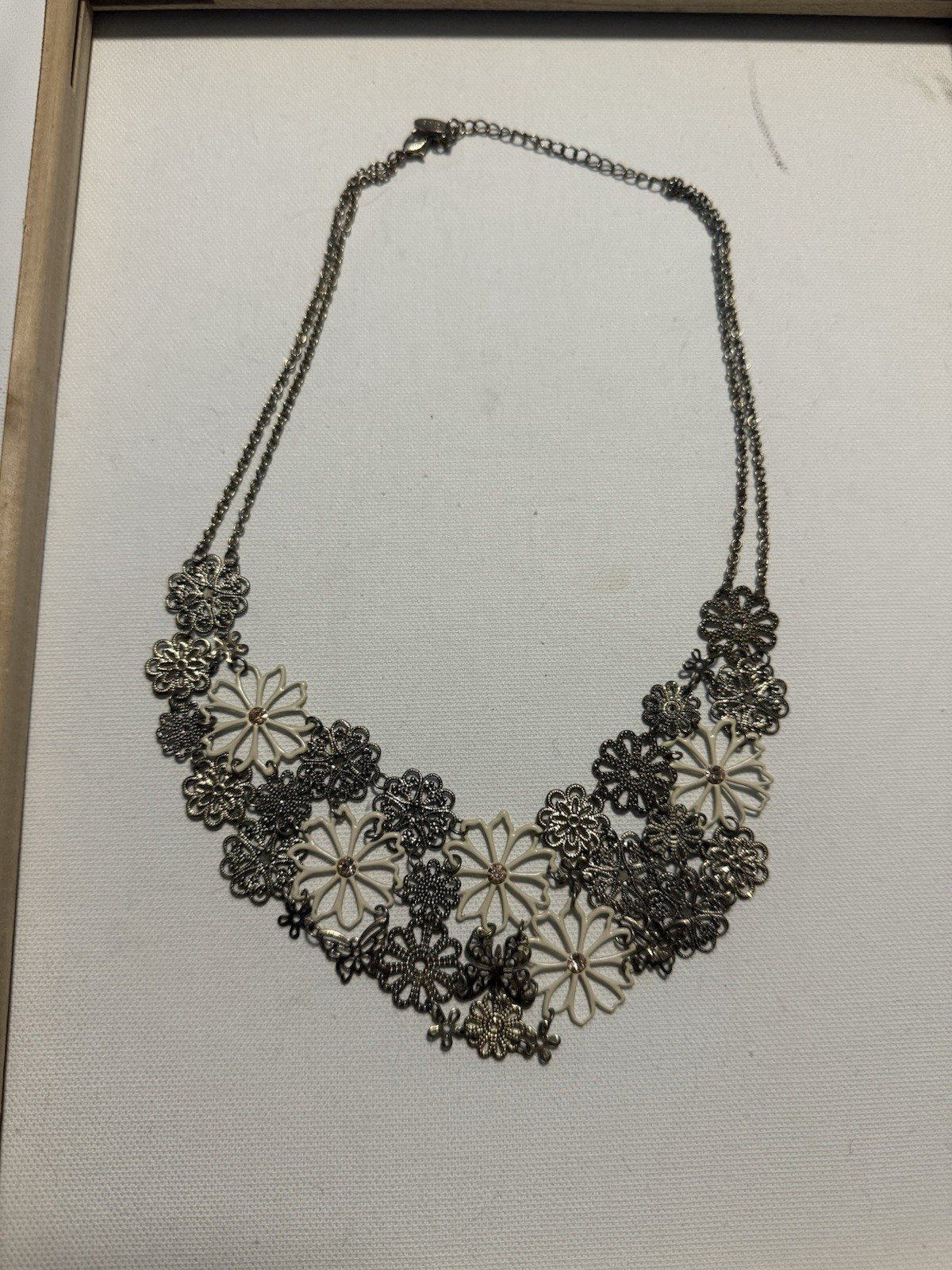 Icing Statement Bib Necklace Cream & Silver Filigree Floral Daisy Design 19″