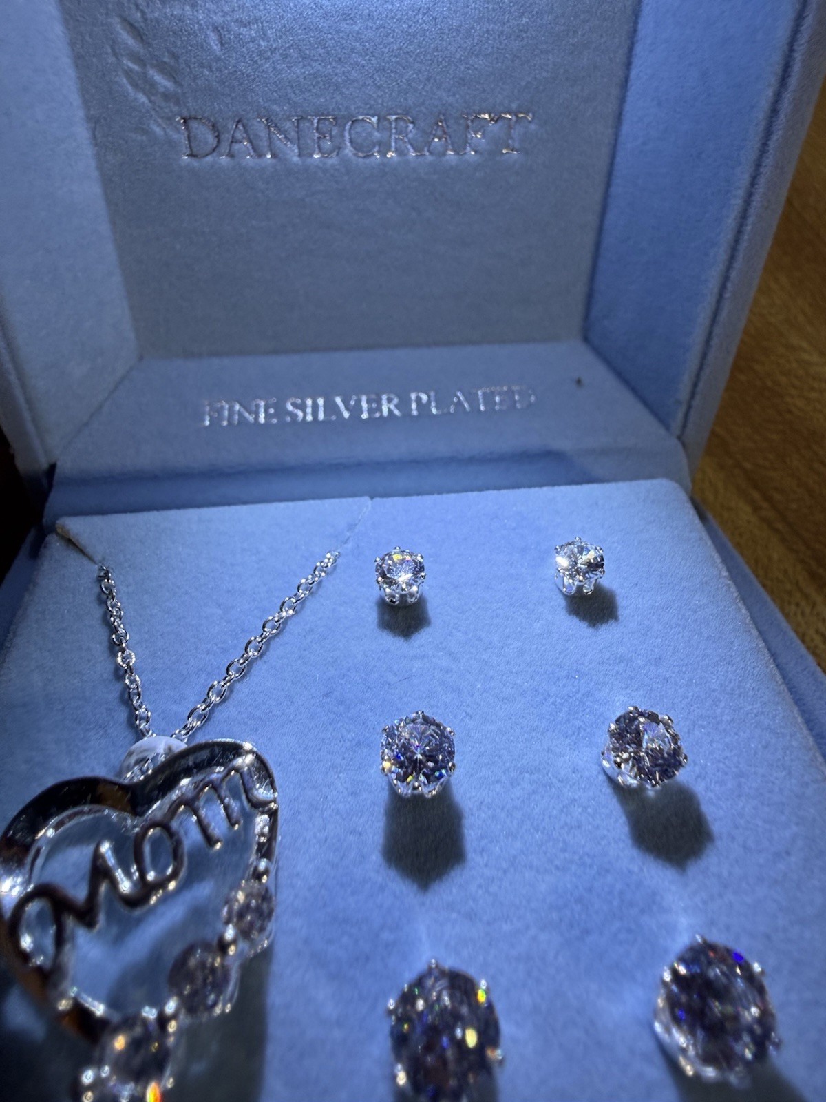 Silver Plated Cubic Zirconia 3 Stud Earrings & Mom Necklace 18″ Macys