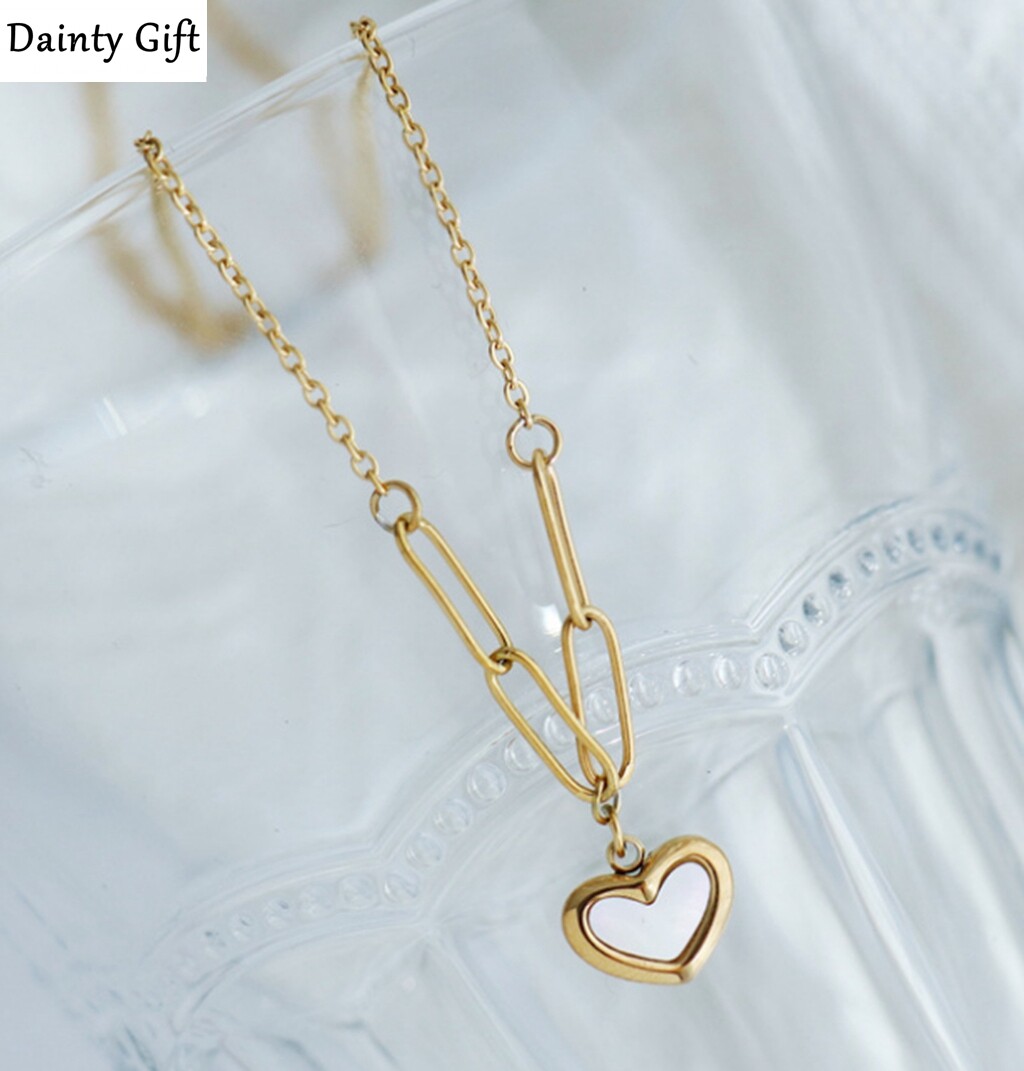 Women Girl Titanium Stainless Steel Seashell Heart Necklace 16-18″ Non Tarnish