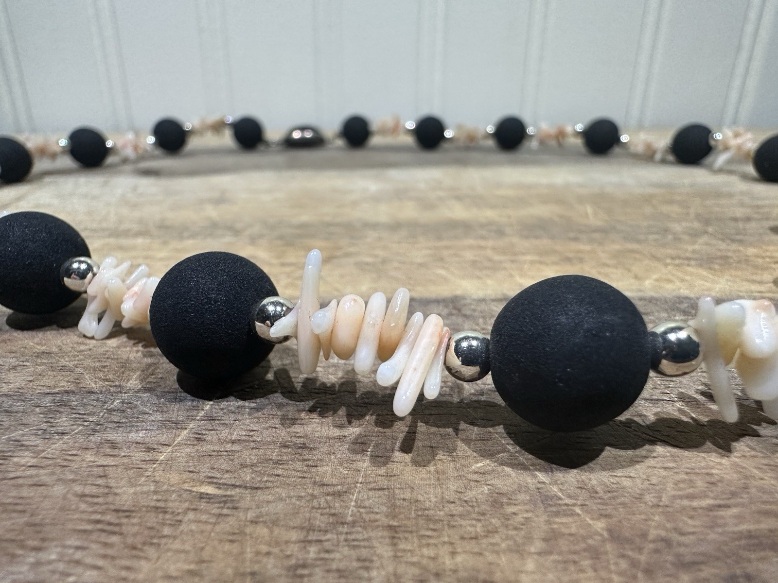 Light pink stone shell & lava rock round bead Necklace 18in Hook Clasp