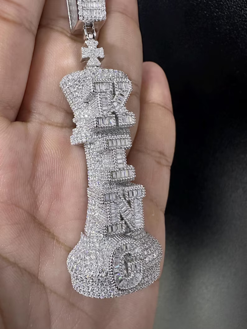 14K White Gold Over Hip-Hop King Chess Pendant 2.0Ct Round Cut Simulated Diamond