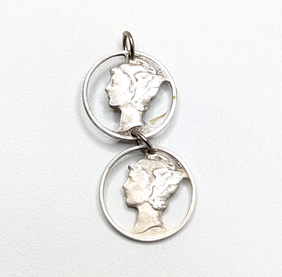 Sterling Silver 925 Vintage Mercury Dime Cutout Double Circle Coin Pendant 3.38g