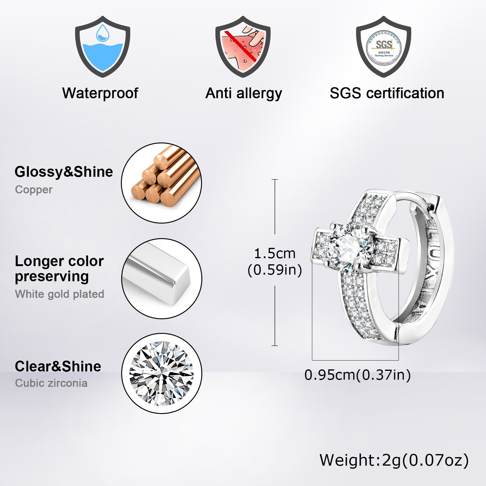 Silver Cross Hoop Earrings Faith Huggie Bling AAA CZ Stone Centered Men Classic