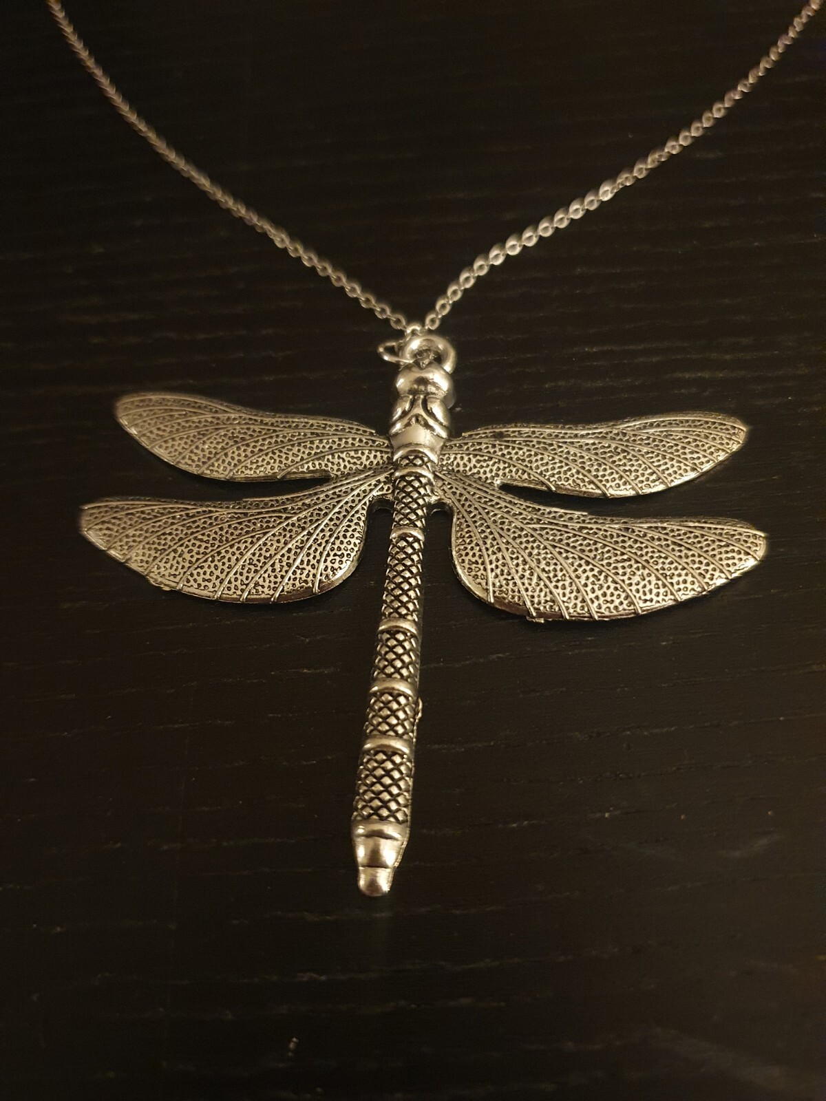 Large Dragonfly Pendant Necklace Silver tone 22 in
