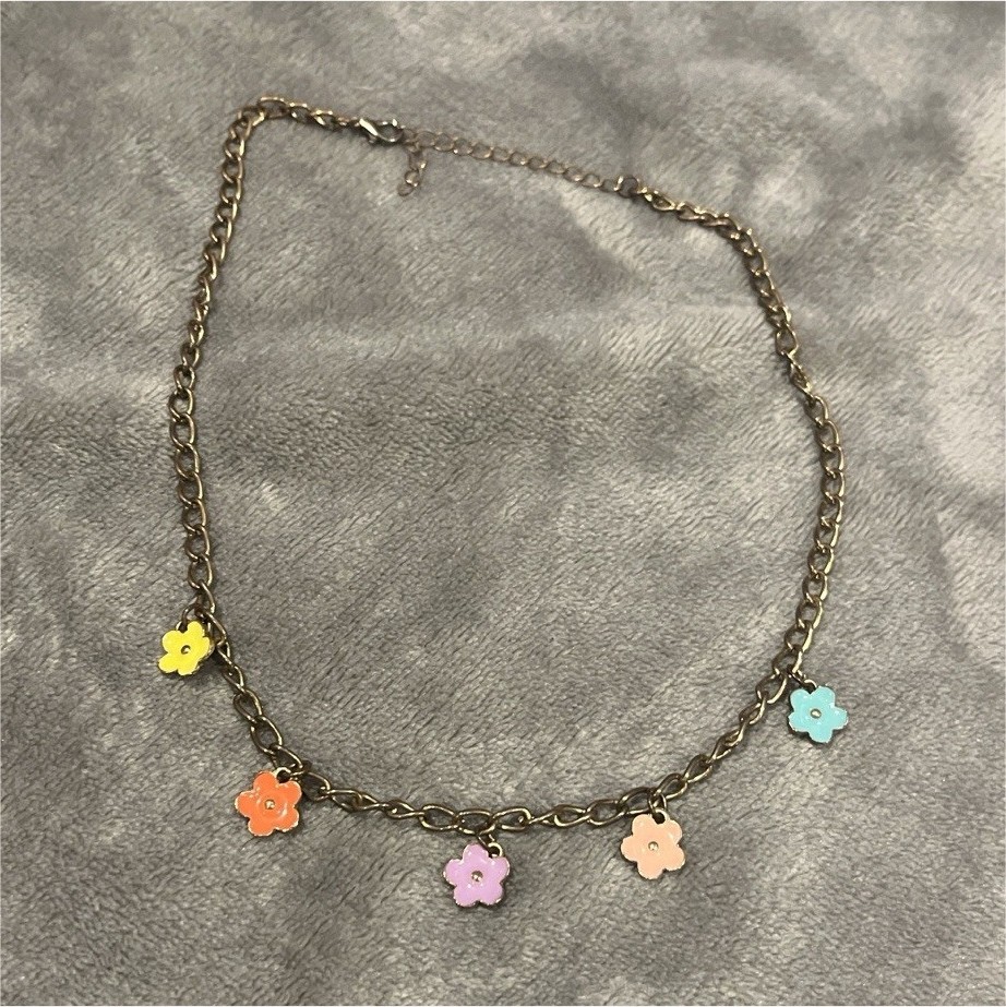 Gold Tone Cable Chain Necklace Multicolor Flower Charm Pendant 6 Gemstones