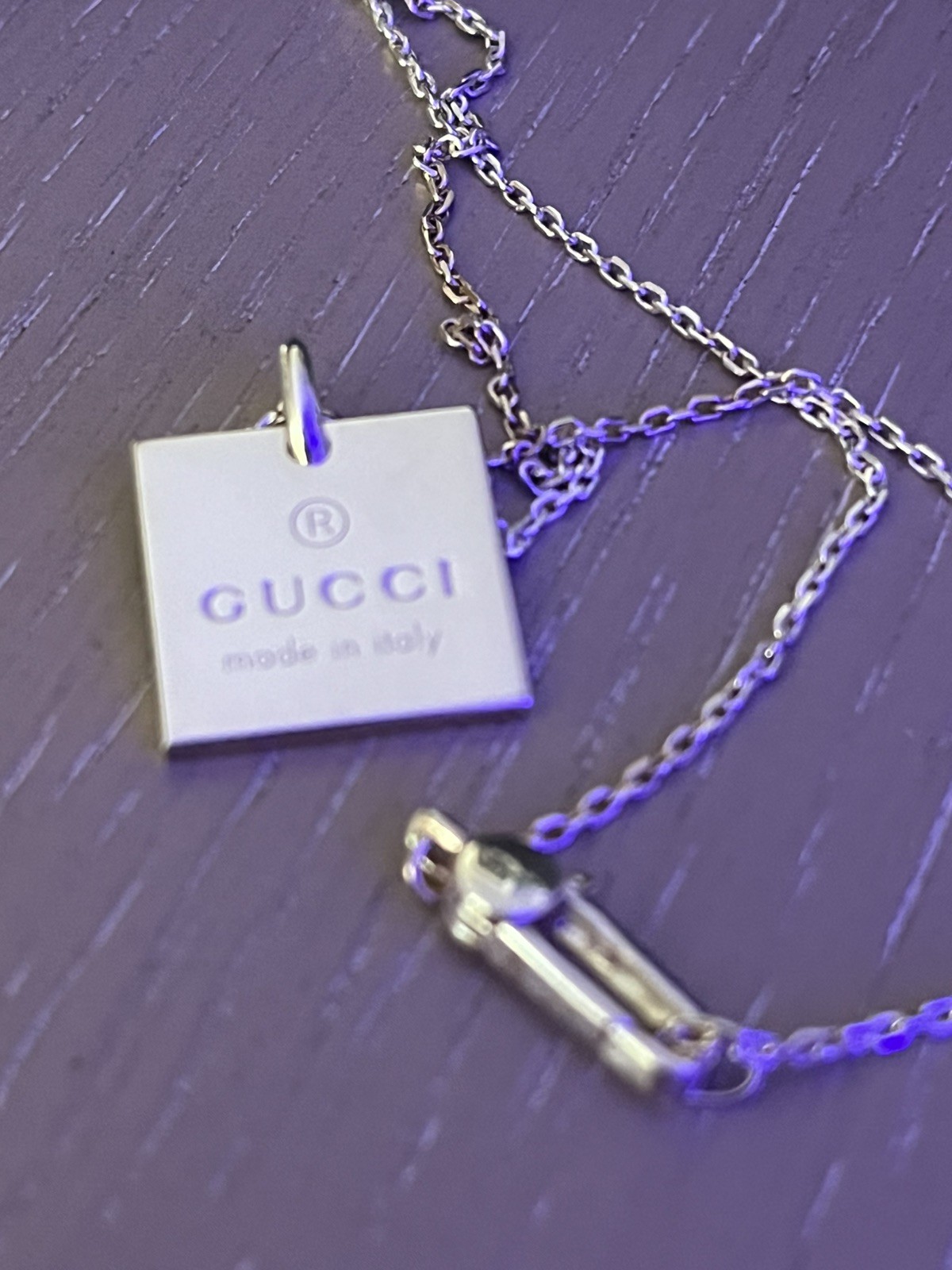 GUCCI Necklace Square Plate Pendant Engraved Logo Adjustable Chain Silver