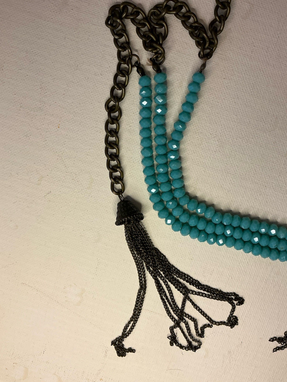 Multi-Tier Turquoise-Colored Faceted Bead and Chain Necklace and Bead Earrings