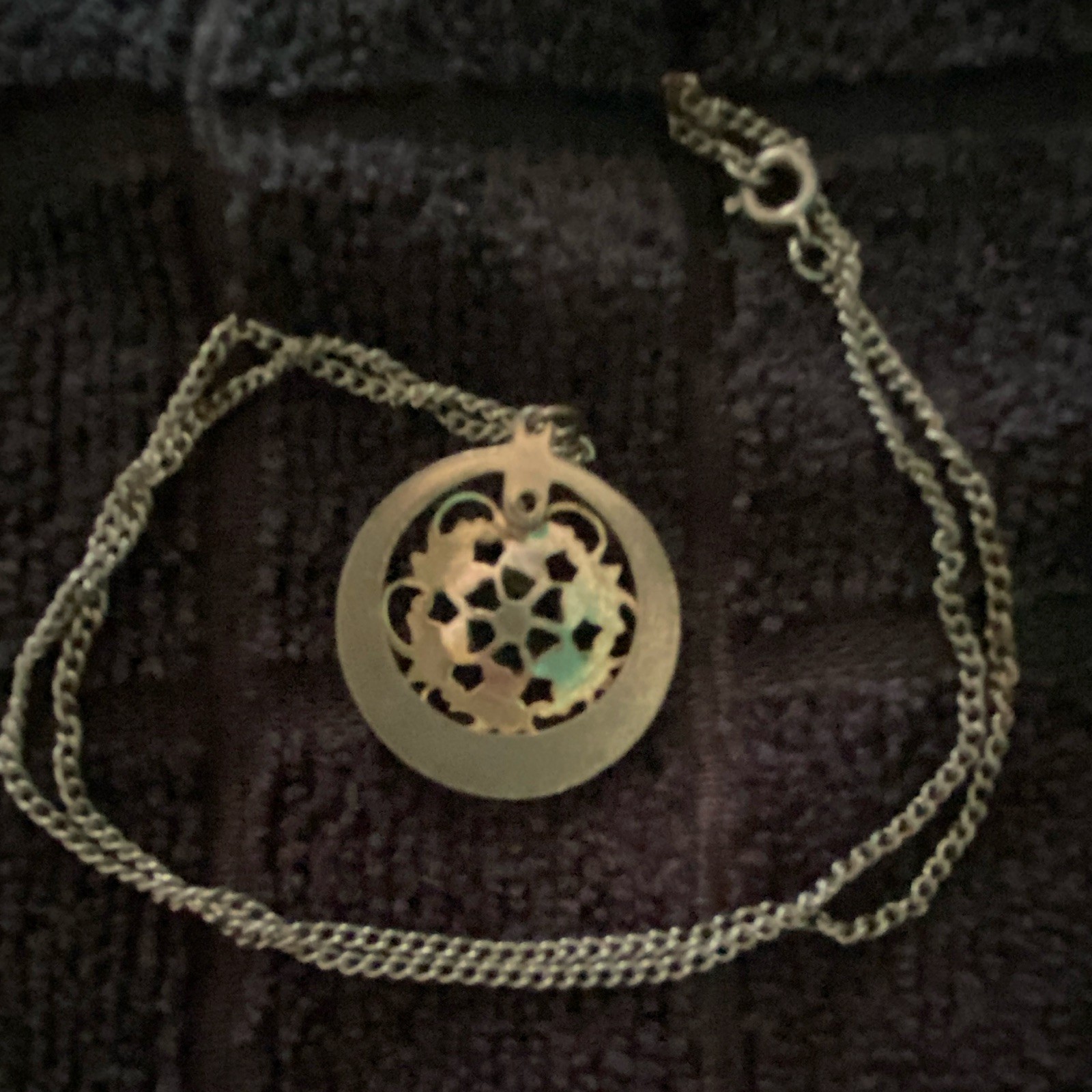 Silver Tone Cable Chain Necklace with Round Floral Filigree Charm Pendant