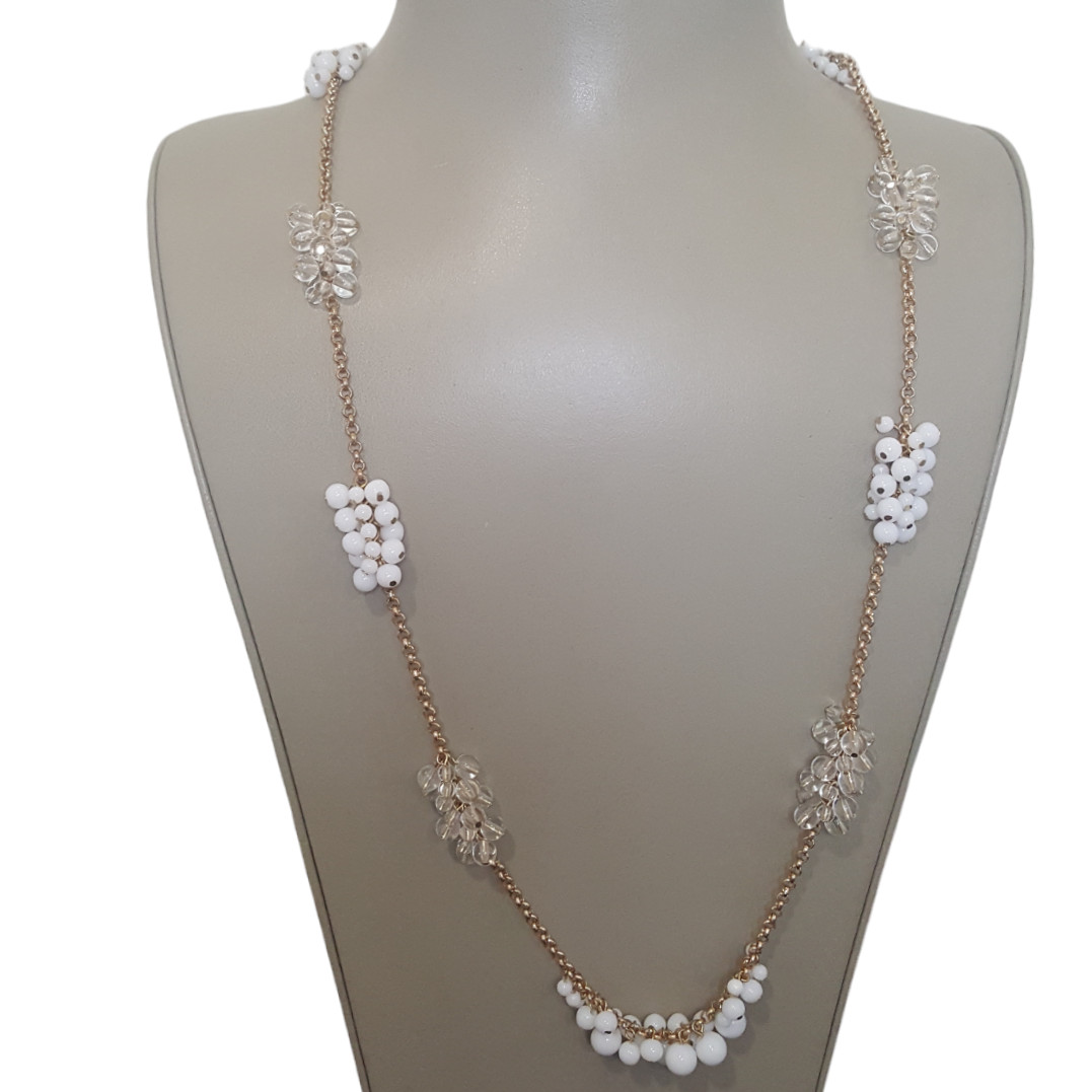 Women’s Beautiful Gold Tone White / Clear Beaded Shaky Necklace NWOT