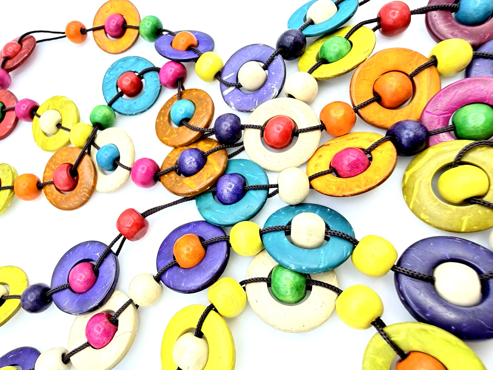 Multicolor Layered BOHO Coconut Disc Wood Bead Necklace 27 in