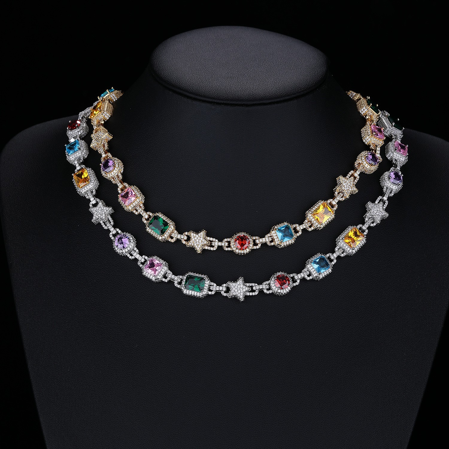 10mm Hip Hop Colored Zircon Crystal Star Chain Necklace Bracelet Choker Jewelry