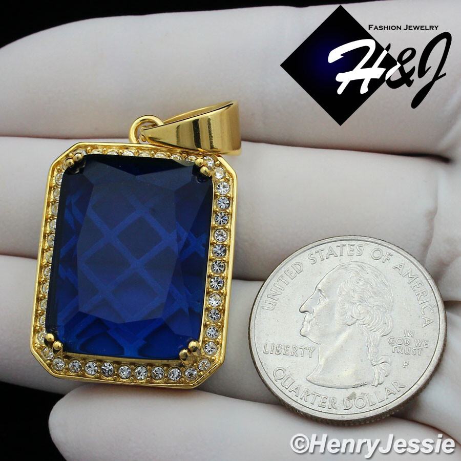 MEN’s Stainless Steel Blue Rhinestone Gold Plated Cham Pendant*GP103