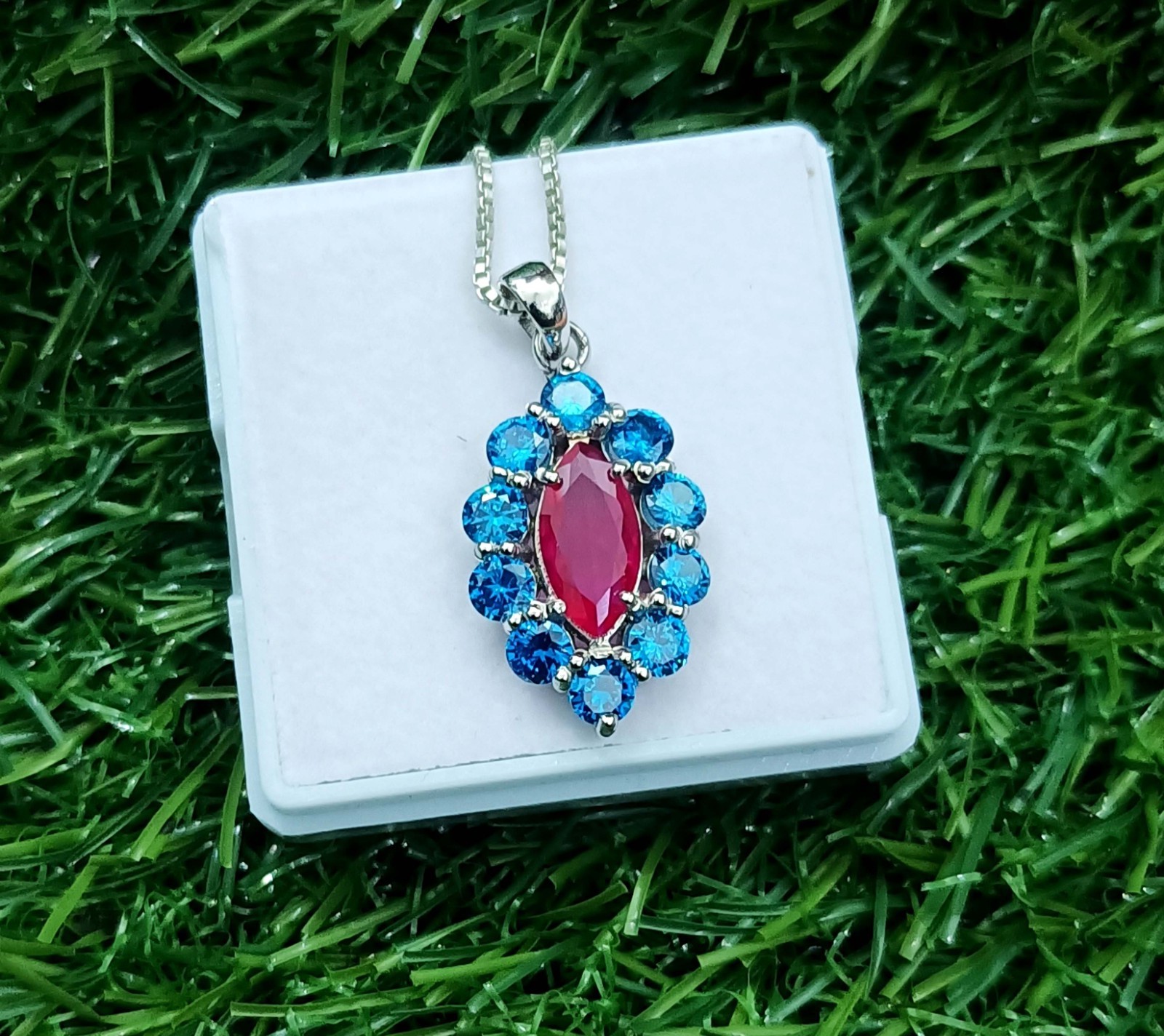 15 Ct Ruby Marquise Cut & Blue Sapphire Pendant 925 Sterling Silver With Chain