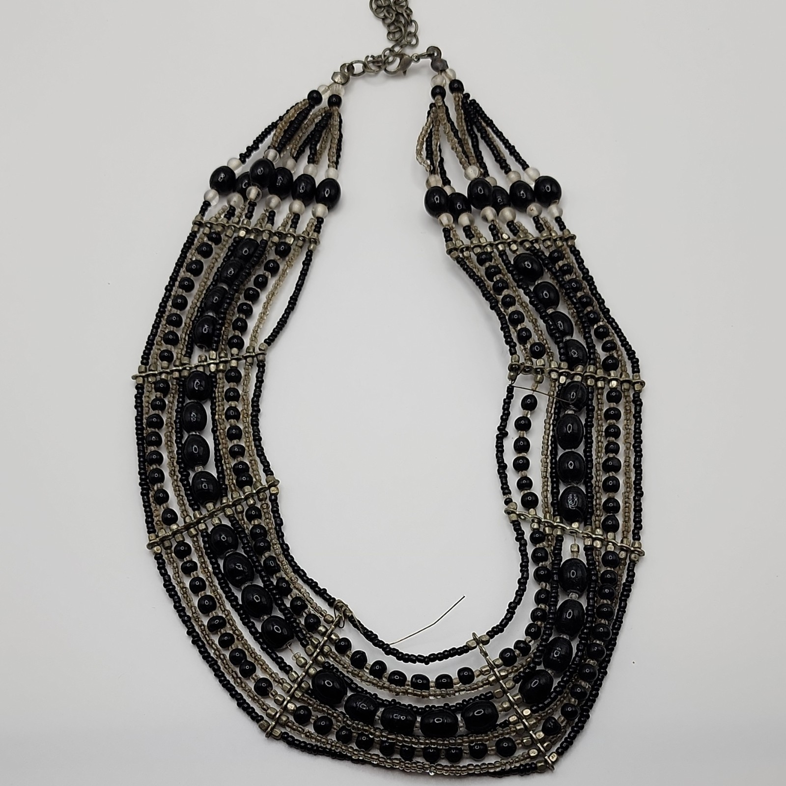 Black Silver Glass Beaded Statement Necklace Multi-Strand Lobster Closure