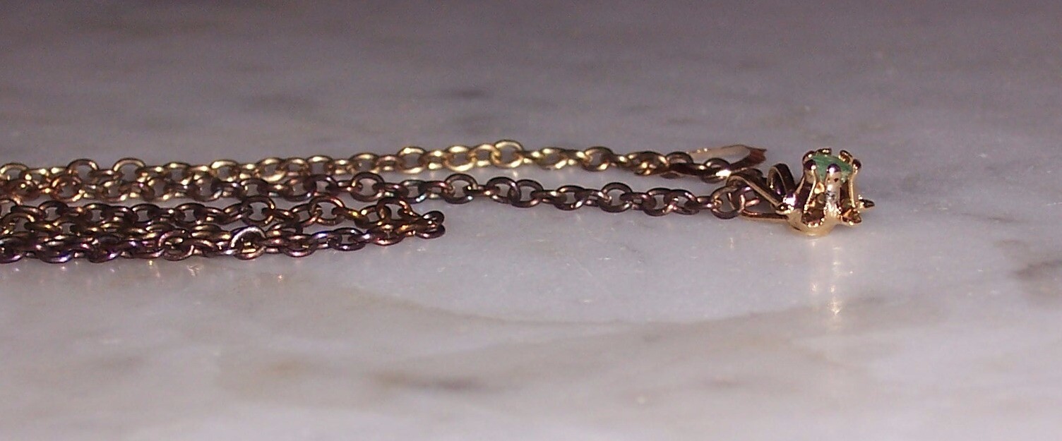 2 Pendants on gold tone chain – No Mark – Heart & Green Prong Set Stone #N378