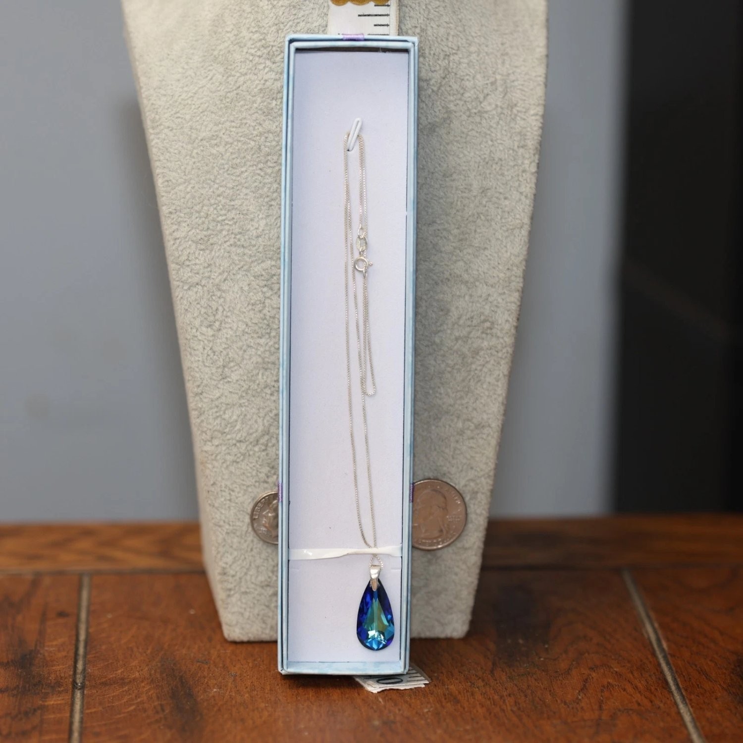 Bsi Necklace 18 Inch Chain Blue Crystal Spring Ring Clasp Sterling Italy Silver